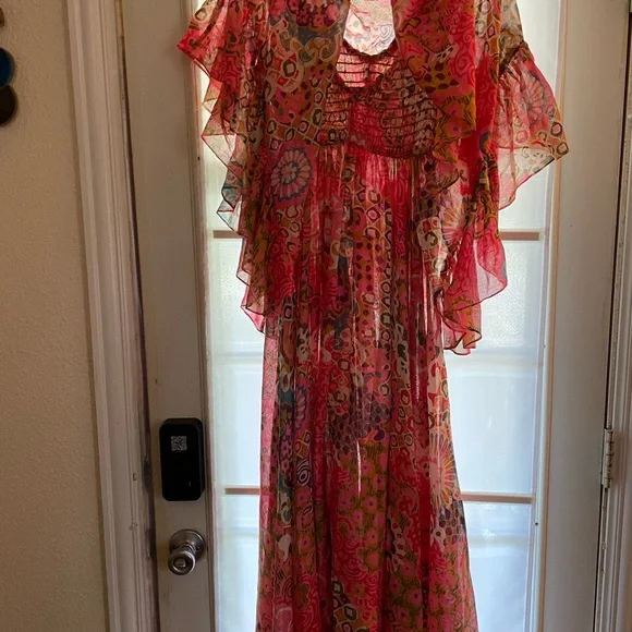 70s Sheer Boho Smocked Bodice Maxi Dress Full Sweep w Ruffled Wrap - Picture 6 of 8
